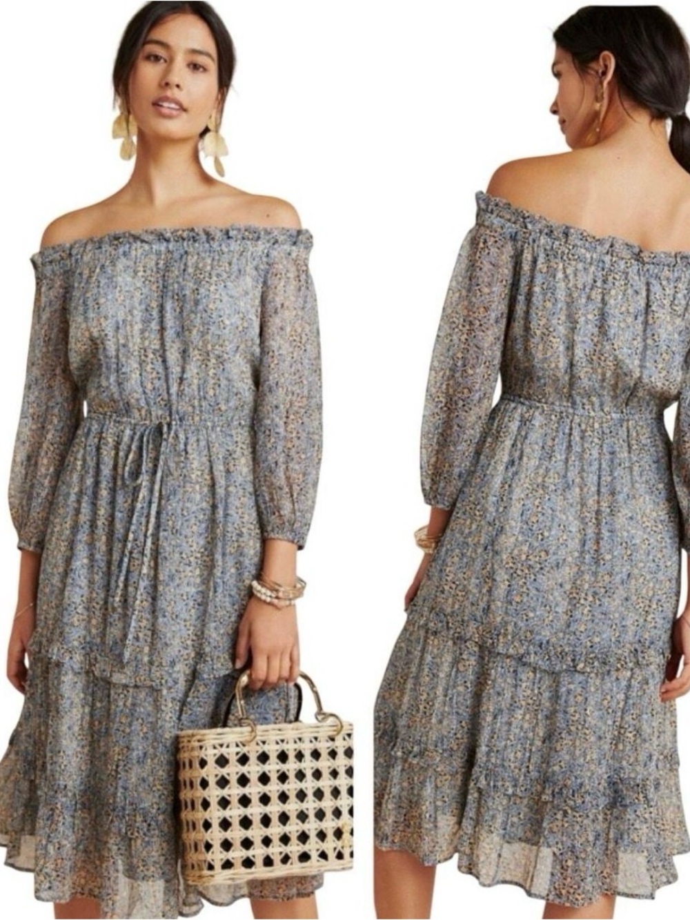 Anthropologie Kira Blue Floral Off-Shoulder Midi peasant dress XL